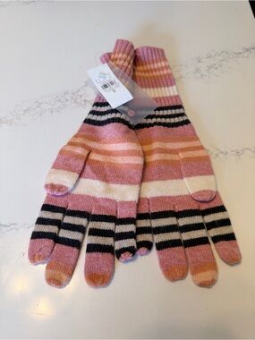 LOFT womens Pink, Cream, Tan & Black Striped Knit Gloves
